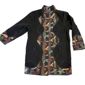 Vintage Koos Of Course! Black Feathers Reversible Vinyl & Polyester Jacket Large